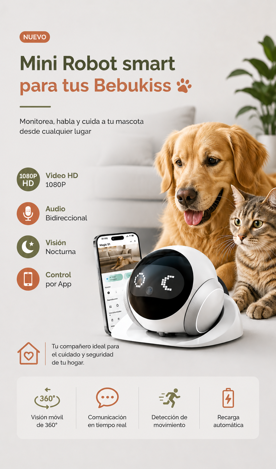 Mini Robot Smart | Indoor Movable with Auto-Recharge,2-Way Audio,Night Vision,Smart App Control,Cats/Dogs/Baby/Elderly