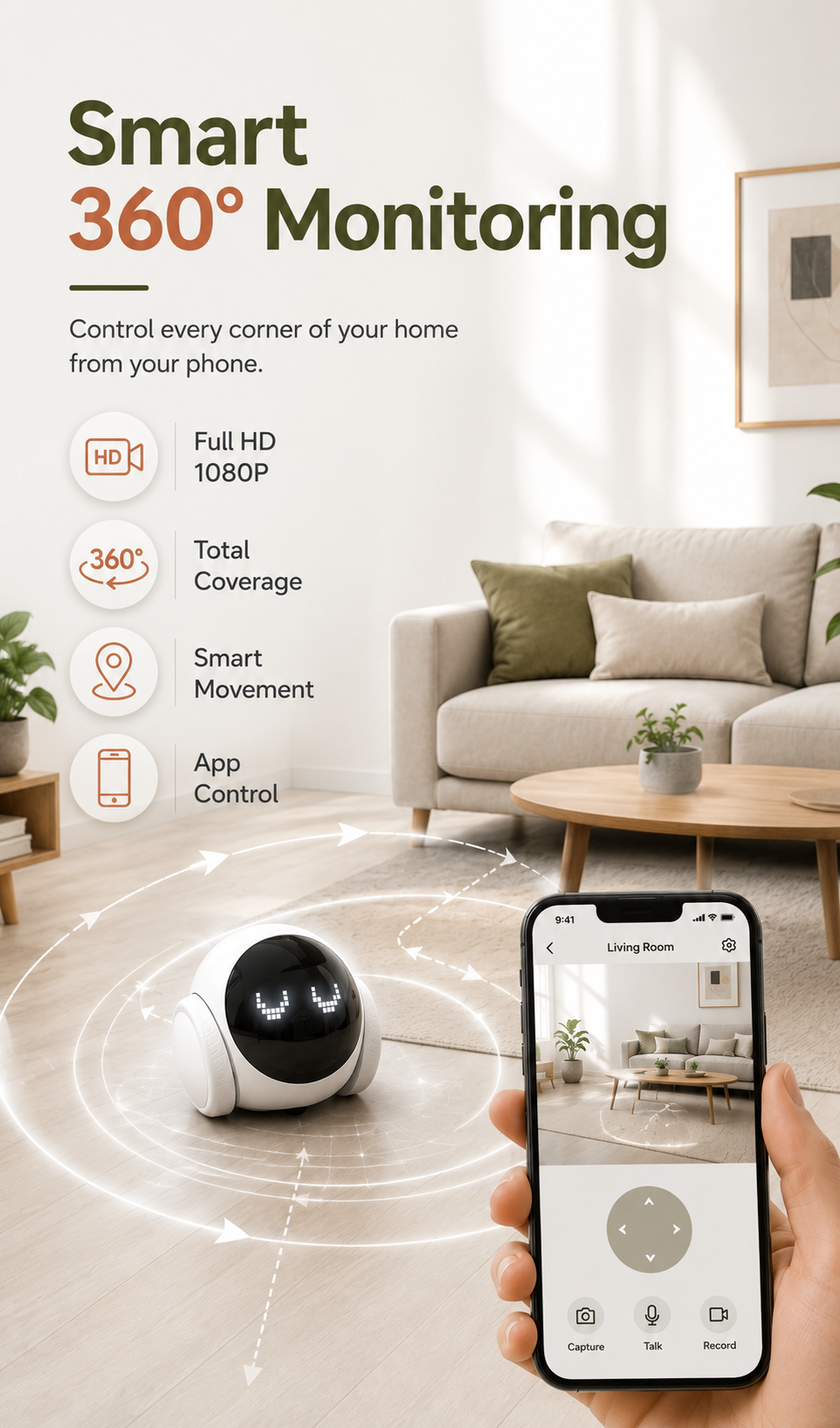 Mini Robot Smart | Indoor Movable with Auto-Recharge,2-Way Audio,Night Vision,Smart App Control,Cats/Dogs/Baby/Elderly