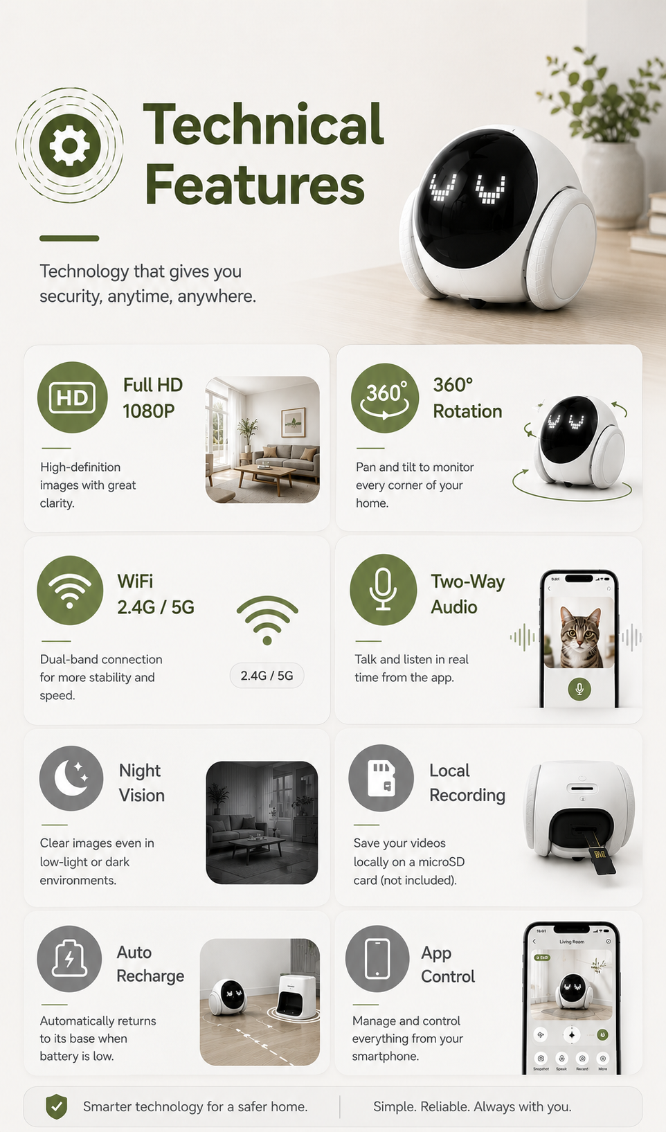 Mini Robot Smart | Indoor Movable with Auto-Recharge,2-Way Audio,Night Vision,Smart App Control,Cats/Dogs/Baby/Elderly