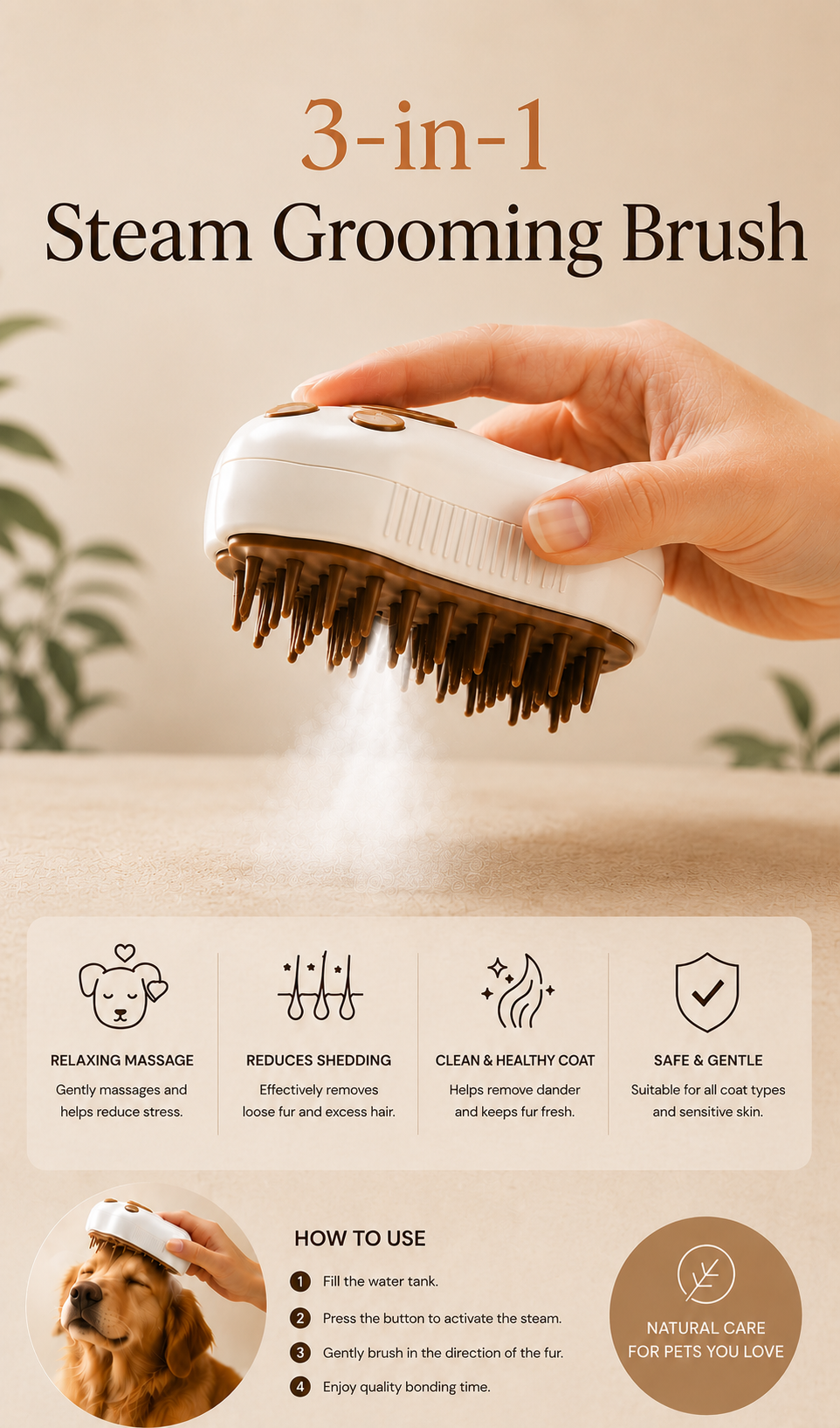 3-in-1 Steam Grooming Brush